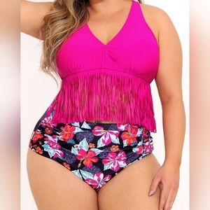 HOT PINK TASSEL PLUS SIZE FLORAL PRINT HIGH WAIST BIKINI SET SIZE 1X
